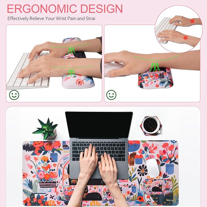 Petmolico Wrist Rest Set with Computer Keyboard Desk Pad,Mouse Wrist Rest,Keyboard Typing Wrist Pad and Cup Coasters,Ergonomic Design for Typing Pain Relief(Black,Cat with Flowers)