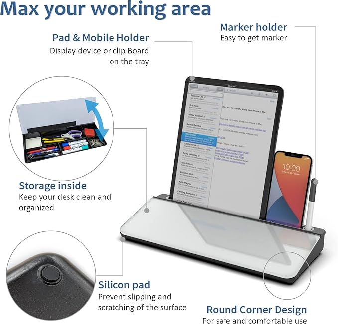 Audio-Visual Direct White Glass Desktop Notepad Set - Dry Erase Board with Marker, Eraser & Sticky Notes -