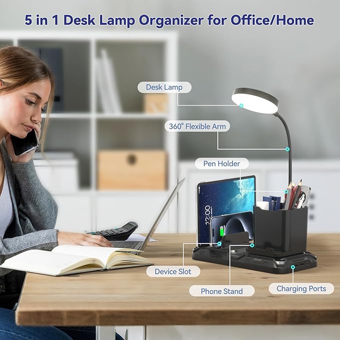KDD Desk Lamp with USB A&C Charger Ports - Reading Desktop Light with Pen & Phone Holder - Adjustable Brightness Lights with Device Slots - 360°Gooseneck Table Lamp for Home Office College Dorm Room