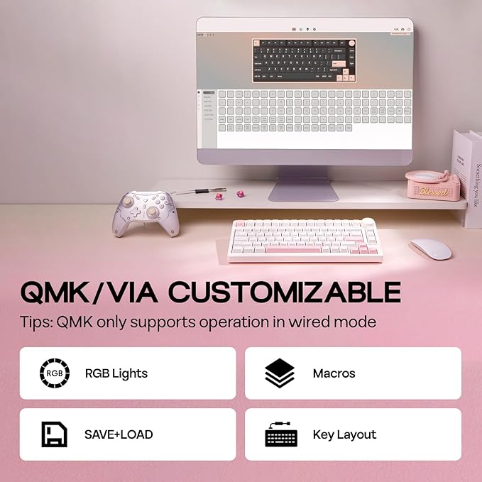 EPOMAKER QK81 75% Wireless Mechanical Gaming Keyboard, QMK/VIA Programmable and Hot-Swappable, 81 Keys with Metal Knob, 2.4Ghz/BT/USB, Creamy Gasket-Mount, RGB Backlight (White, Flamingo Switch)