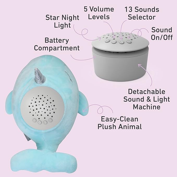 PureBaby Sound Sleepers Portable Sound Machine & Star Projector - Plush Sleep Aid for Baby and Toddlers with Soothing Night Light Display, 10 Lullabies, White Noise, and Heartbeat Sounds (Narwhal)