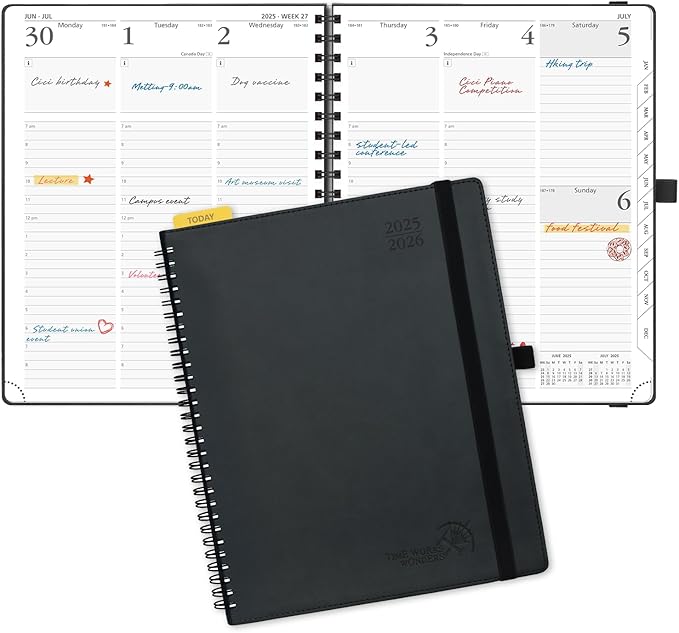 POPRUN Planner 2025-2026 (Large - 8.5'' x 10.5'') Academic Weekly Calendar (July 2025 - June 2026) with Hourly Time Slots, Monthly Tabs, 100GSM Thick Papers, Spiral Leather Cover - Black