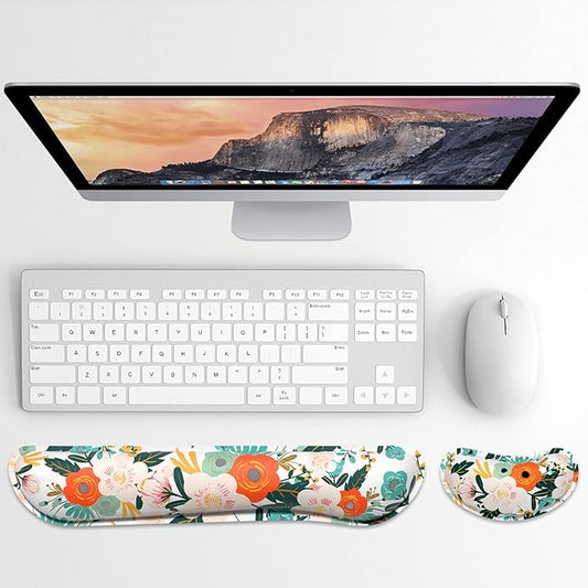 Dapesuom Enlarge Keyboard Wrist Rest, Memory Foam Wrist Cushion for Desk Mats Support, Cute Flower Pain Relief Keyboard Mouse Pad Rests Set with Non-Slip Base for Gaming Laptop Office Computer, Pink