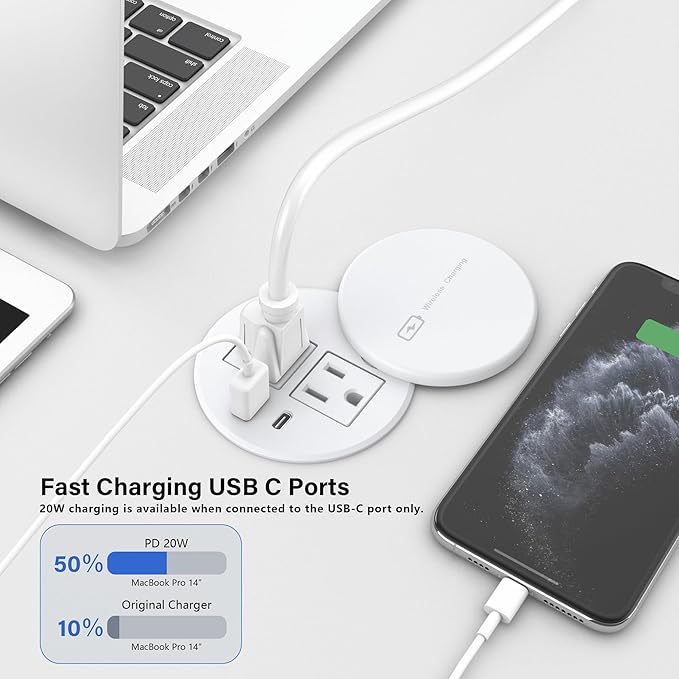 Recessed Power Grommet 3-inch Hole, 15W Wireless Charger, 20W USB C Fast Charging Station,2 AC Plug, Flush Mount Countertop Outlet, Workspace Essential Desk Hole Cover for Cables White
