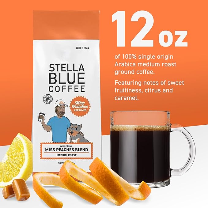 Stella Blue Whole Bean Coffee, Miss Peaches Blend, Medium Roast, Citrus, Caramel and Fruity Notes, 100% Arabica, Ethically Sourced from Central and South America, 12 oz bag