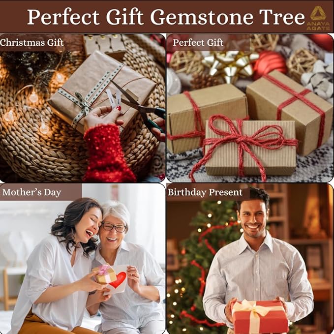 Crystal Tree Gift for Women, Set of 12 Handcrafted Tree of Life Chakra Healing Crystals & Stones for Positive Energy, Good Luck, Home and Office Desk Decor, Birthday Gifts for Mom & Dad