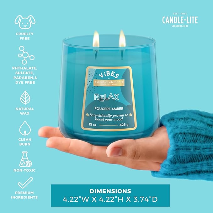 Candle-Lite Vibes Fougere Amber Mood-Enhancing Scented Candles, 15 oz Jar, Aromatherapy, Proudly Poured in The USA, 2-Wick, 86 Hours Burn Time, Perfect Relaxation Gift