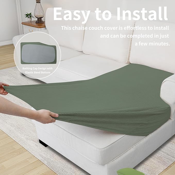 Easy-Going Stretch Sectional Couch Covers 1 Piece Chaise Lounge Slipcover L Shape Separate Cushion Couch Seat Chaise Cover for Both Left/Right Sectional Couch Grayish Green