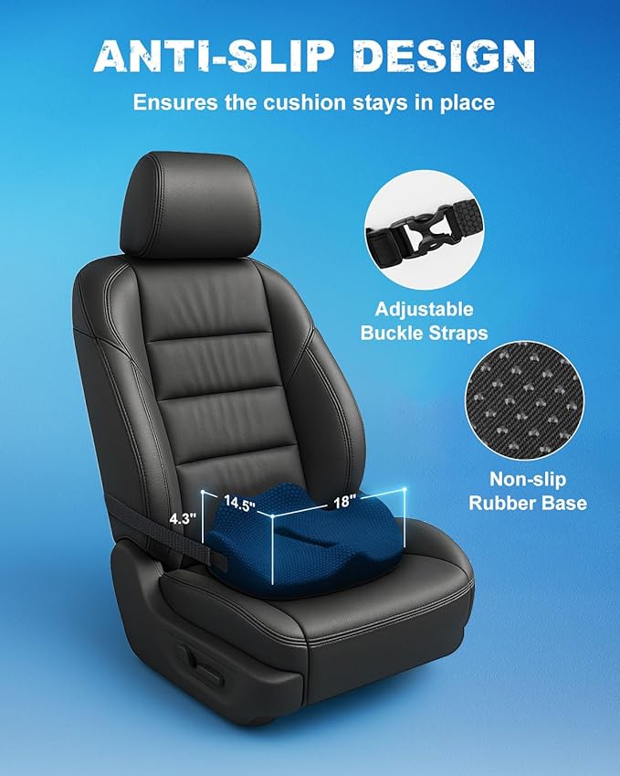 Memory Foam Truck Seat Cushion with TPE Gel Support, Truck Seat Cushion with Non-Slip Washable Cover for Back Support & Pain Relief During Long Drives(Blue)