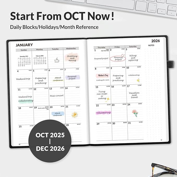 SUNEE 2026 Weekly & Monthly Hardcover Planner 5.5" x 8.3" - 12 Month (January 2026 - December 2026), Small Hardcover Planner, Pocket, Notes, 100 GSM Paper, Black