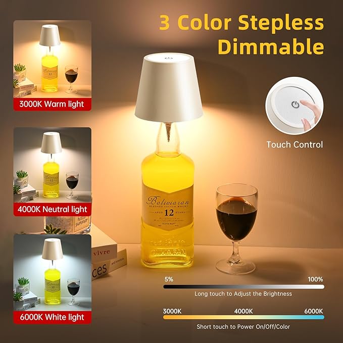 realmoon Wine Bottle Light Wireless Wine Bottle Light - Stylish 3 Color Dimmable LED Wine Bottle Light - Perfect for Dining Room, Bedroom and Bar Atmosphere(Milky Coffee)