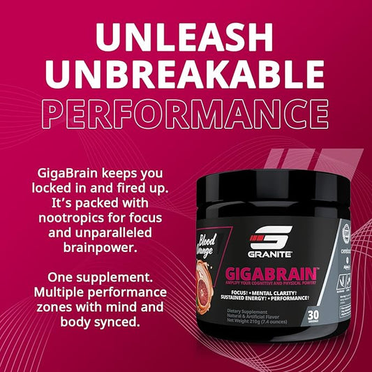 Granite Nutrition GigaBrain Nootropic Energy Powder – Cereboost, Alpha-GPC & ElevATP – Cognitive Focus Supplement for Sustained Energy & Performance – Blood Orange, 30 Servings