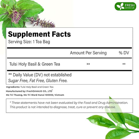 FreshDrinkUS, Premium 75 Tulsi Green Tea Bags, 100% Natural, Blend of Tulsi Holy Basil Leaves, and Green Tea Leaves. Made with Natural Material Tea Bags. No Sugar, Vegan.