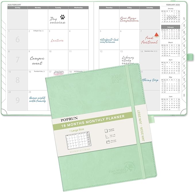 POPRUN Monthly Planner 2026-2027 (Large- 8.5" x 10.5" Soft Cover), 18-Month Calendar Book (Jan.2026 - Jun. 2027), Calendar Planner with Monthly Tabs & Pocket, 100 GSM Paper - Green