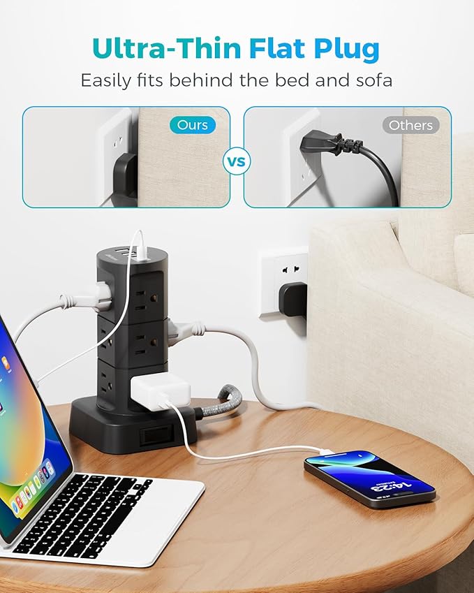 Surge Protector Power Strip Tower, Flat Plug, 6Ft Extension Cord with Multiple Outlets, 12 Outlets 4 USB Ports, Overload Protection for Office Desk Supplies, Dorm Essentials