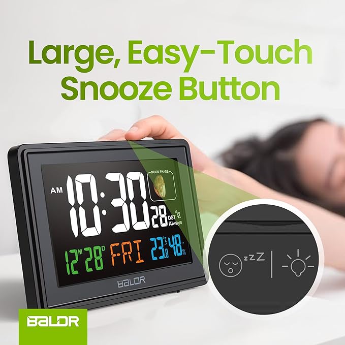 BALDR Atomic Clocks for Bedrooms Digital Large Display - Black - Desk Clock with Temperature Indoor and Humidity, Night Stand Clock, Moon Phase Clock, Alarm Clocks for Living Room, Digital Clock Wall