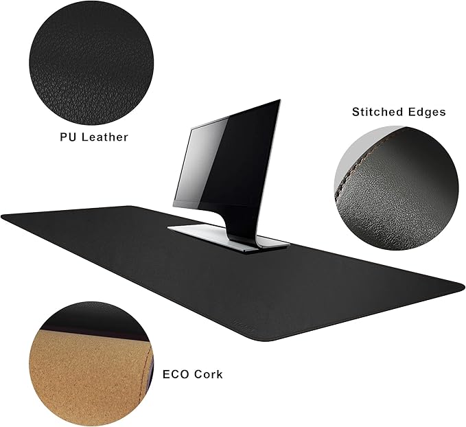 MAIDERN 55” x 24” Cork & Leather Desk Pad, Large XXL Desk Mat, Full Desk Mouse Pad, Dual Sided Desk Pad, Desk Pad Protector for Gaming Home Office (Black)
