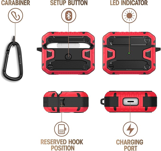Koaichi Compatible with AirPods Pro(2nd Generation/1st Generation), Full-Body Rugged Hard Shell Protective Case Cover with Keychain Designed for AirPods Pro (2022/2019), Black/Red