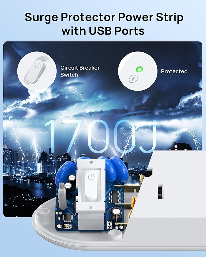 TROND Desk Clamp Power Strip 20W USB C, Surge Protector with 4 Outlets 4 USB Ports, Flat Plug 6ft Extension Cord, 1700J, ETL Listed, Fits 1.97 inch Tabletop Edge, for Home Office Accessories, White