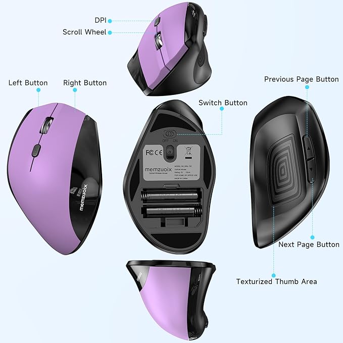 memzuoix Ergonomic Vertical Wireless Mouse - 2.4G Optical Cordless Mice with 3 DPI Levels (800/1200/1600) - Right-Handed Large Size Mouse for Laptop, Mac, PC, Desktop-Purple