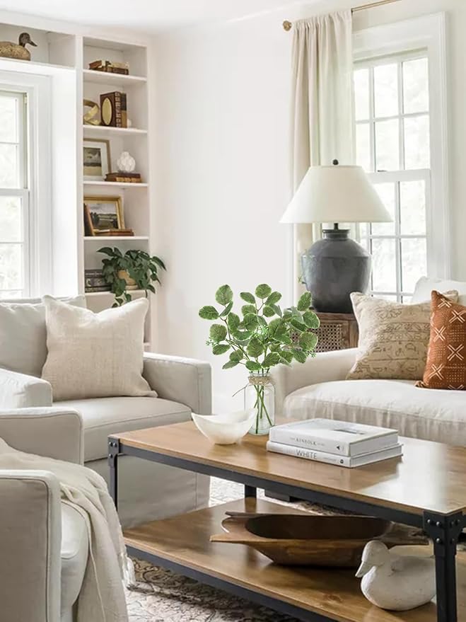 Fake Plants Eucalyptus Stems in Glass Vase with Faux Water, Artificial Plants Eucalyptus Leaves for Shelf Desk Bathroom Farmhouse Coffee Table Home Decor