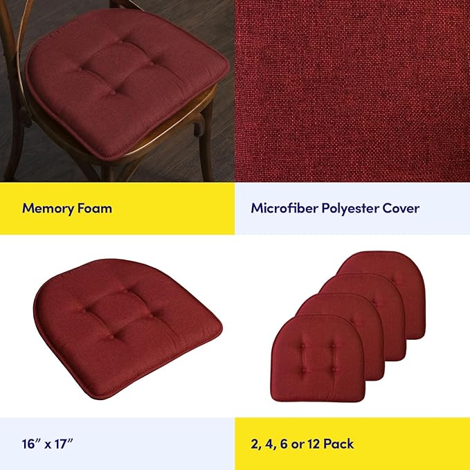 Sweet Home Collection Chair Cushion Memory Foam Pads Tufted Slip Non Skid Rubber Back U-Shaped 17" x 16" Seat Cover, 6 Pack, Wine Burgundy