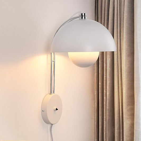 COSYLUX Modern Sleek Plug in Wall Sconce, Hardwired & Corded 2in1 Design Metal Wall Light Fixtures for Bedroom Bedside Reading, Mid-Century Flower Bud Wall Sconces with Switch, White