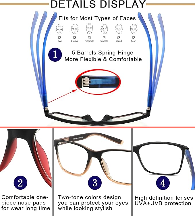 Reading Glasses for Men 4-Pack Stylish Computer Readers with Spring Hinges, Anti Glare/Eye Strain Filter UV Ray Blue Light Blocking Two-tone Reader Eyeglasses,+2.25 Magnification Strength