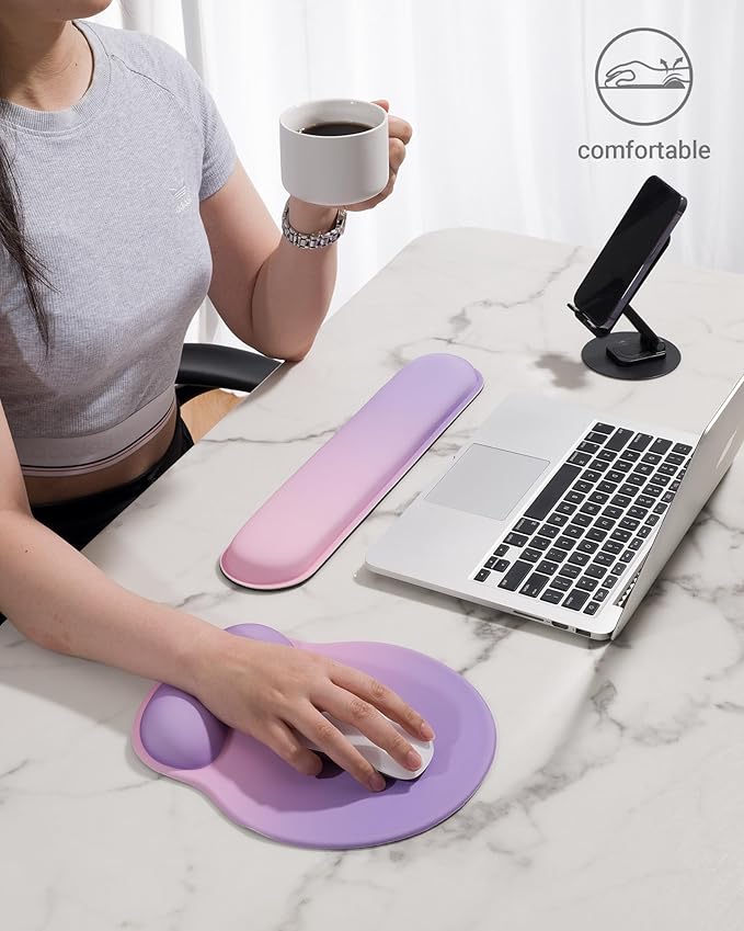Ergonomic Mouse Pad Wrist Support Set, Memory Foam Keyboard Wrist Rest Set, Keyboard Pad, Non-Slip Base Mousepad(Gradient Pink Purple Set)