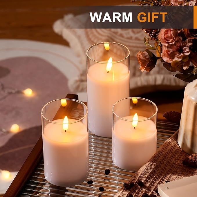 Glass Battery Operated LED Flameless Candles with Remote and Timer, Real Wax Candles Warm Color Flickering Light for Festival Wedding Home Party Decor(Pack of 3)-White