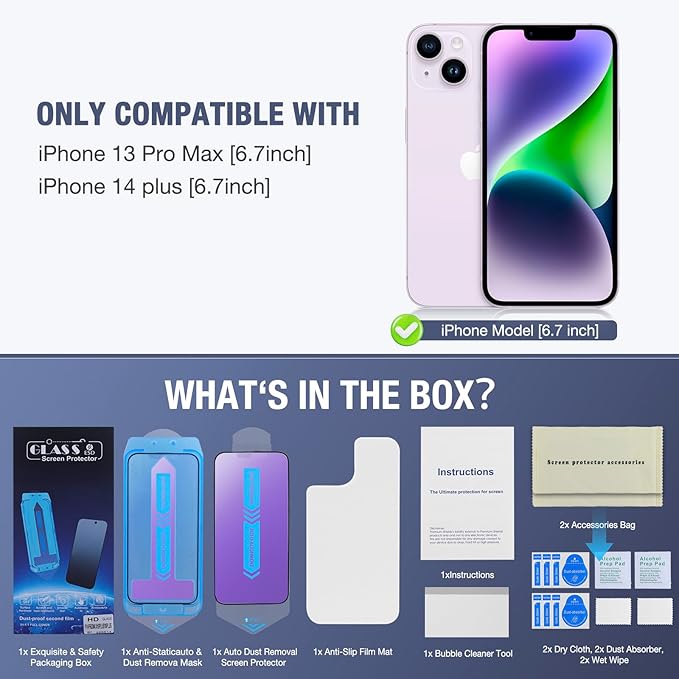 2-Pack Anti Blue Light Matte Screen Protector for iPhone 13 Pro Max/iPhone 14 Plus, 9H Tempered Glass, Full Coverage, Anti-Fingerprint, Auto Dust-Elimination, No Bubble, Easy Installation