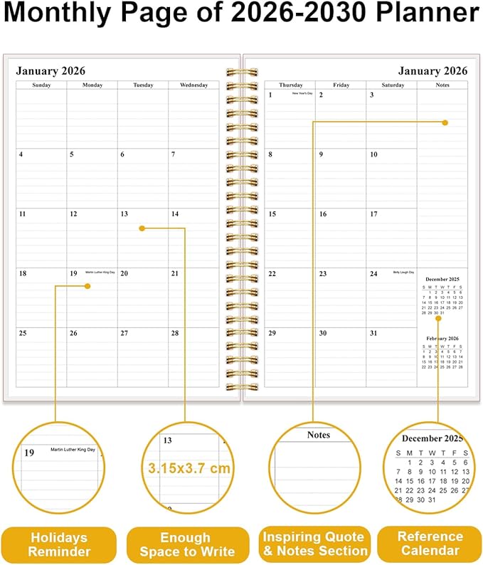 2025-2030 Monthly Planner - 64 Month PLanner Calendar from September 2025 to December 2030, Flexible Cover, Inner Pocket, 5.8" x 8.5", Perfect for Home | School | Office, White Gold Flower