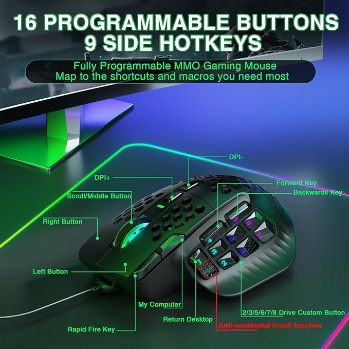 SOLAKAKA SM809 Wired MMO Gaming Mouse, with 9 Side Buttons RGB Mouse, 24000 DPI High-Precision Optical Sensor, Ergonomic Mice, 16 Programmable Macro Shortcuts/Remapping PC Gaming Mouse for FPS Games