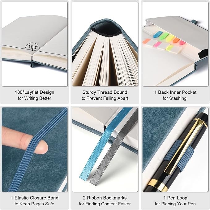 5 Pack College Ruled Notebook, 312 Numbered Pages Thick Notebooks Bulk, 100gsm No Bleed Paper Hardcover Leather Journal, Lined Journal Notebook Set for Women Men School Office, A5, Multicolor