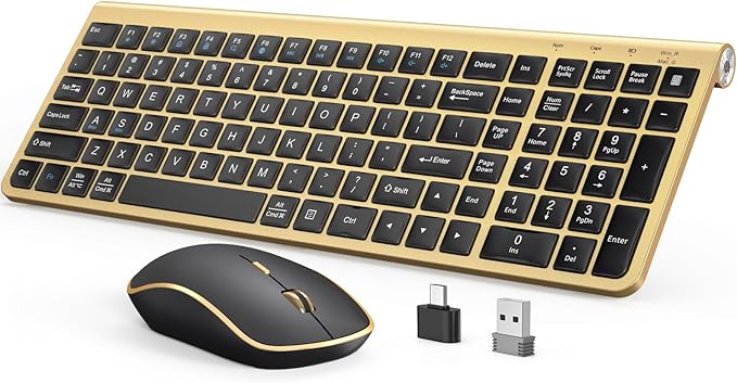 JOYACCESS Black Gold Wireless Keyboard Mouse Combo,Ergonomic Cordless Keyboard with Adjustable Tilt,Comfortable and Quiet Mouse for Laptop,Computer,PC