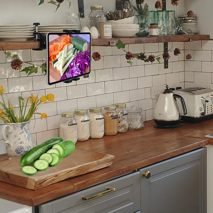 Under Cabinet Tablet Mount, Kitchen Tablet Holder iPad Mount for Desk/Table/Board/Chair,Compatible with 4.7~12.9" iPad/Nexus/LG G Pads/e-Reader/Switch/iPhone,360° Adjustable Aluminum Alloy Arm Stand
