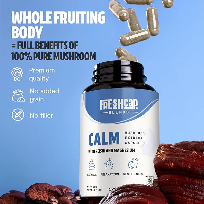 FreshCap Calm for Adults - Calm w/Reishi, Ashwagandha, St. John’s Wort, Lemon Balm, Magnesium - Balance, Relaxation & Emotional Stability -Ayurveda Daily Mushroom Supplement, Vegan - 60 Count