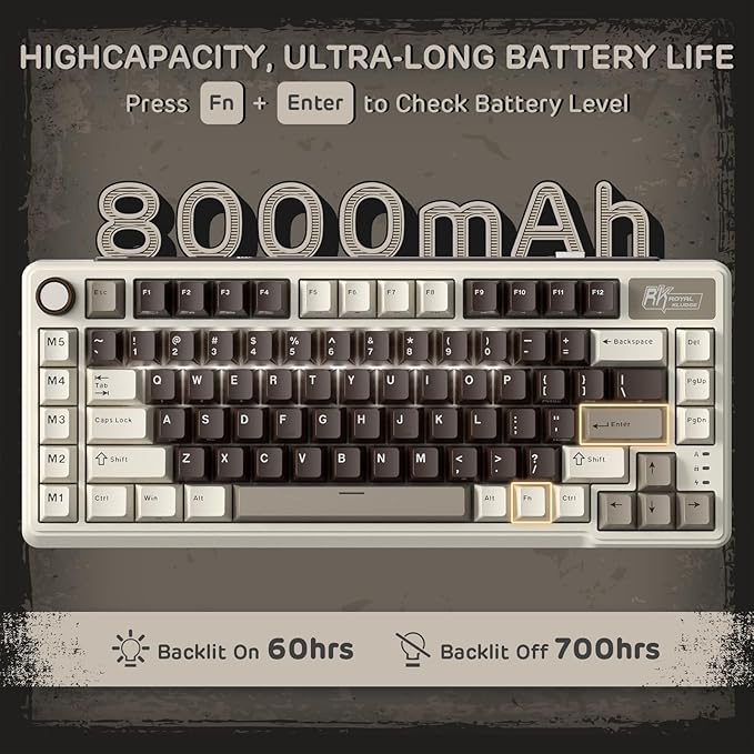 RK ROYAL KLUDGE L75 Gasket Mount Mechanical Keyboard w/Knob/Macro Keys & Touchable Nameplate, Tri-Mode 75% TKL Wireless Keyboard BT/2.4G/USB-C, Hot Swappable, Pro Software, Massive 8000mAh Battery