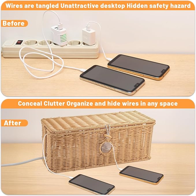 IHKFILAN 2 Pcs Handmade Cable Management Boxes Rattan Cable Organizer Large & Medium Cord Hider Organizer Boxes Power Strip Boxes Locked Cover with 2 Open Slots for Home and Workplace