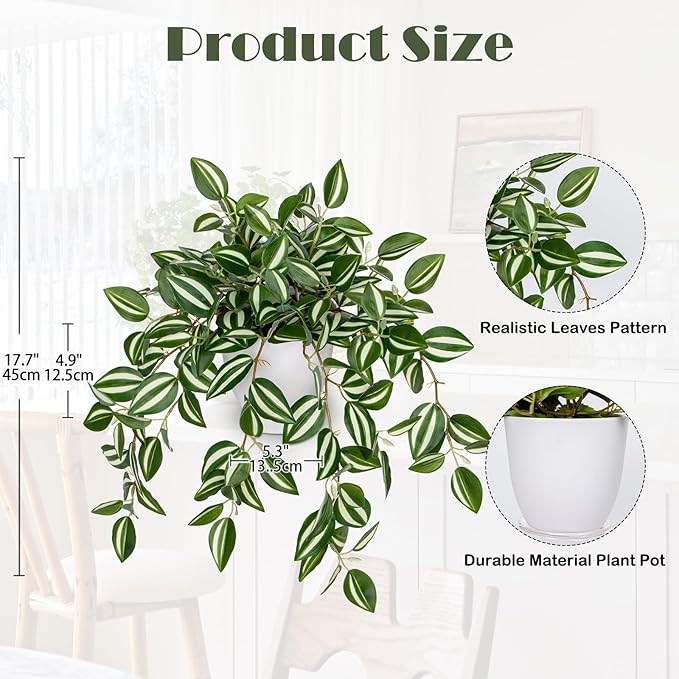 Briful Fake Plants Indoor Artificial Potted Silk Plants Faux Watermelon Peperomia Cascading Vine Plant for Home Office Livingroom Desk Shelf Mantle Decoration(Green/White - 1 Pack)