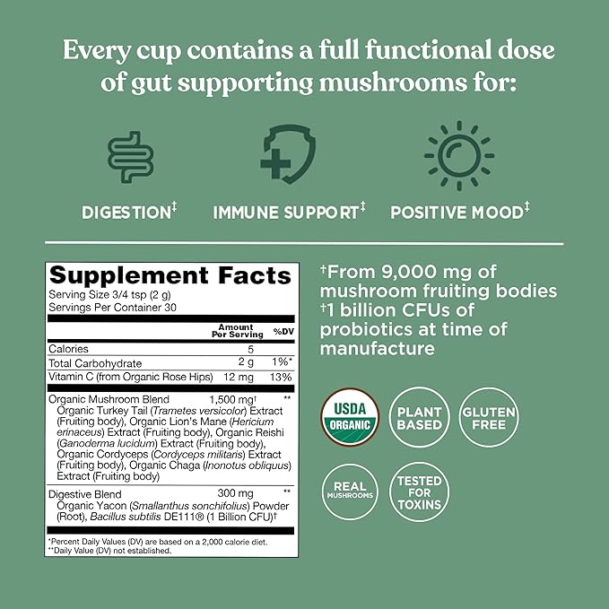 Four Sigmatic Gut Health Mushroom Blend | Organic Mushroom Powder Complex with Turkey Tail, Lion’s Mane, Cordyceps, Chaga, Probiotics and More | Natural Immune Support Supplement | 30 Servings