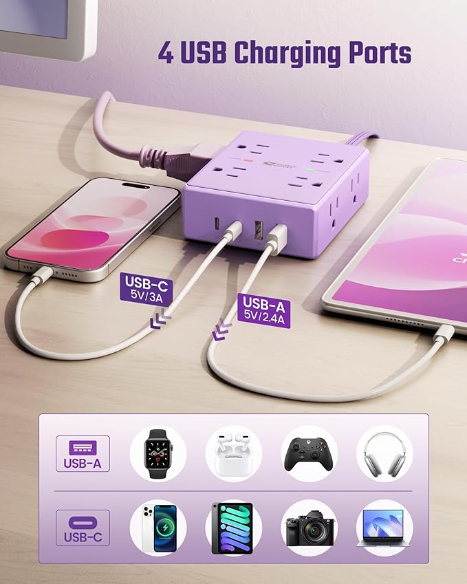 Purple Extension Cord 10Ft, Flat Plug Surge Protector Power Strip Kawaii, 8 Outlets & 4 USB Ports (2 USB C), Cute Stuff Purple Room Decor, Lavender Office Desk Accessories for Girls