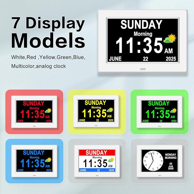 Digital Alarm Clock for Elderly Large Display for Seniors Electric Clocks with Date Day of Week 12 Alarms 4 Colors Desk Wall Calendar Clocks for Memory Loss Alzheimers Dementia Auto DST/Dimmer