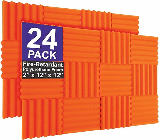 Foam Factory Inc 24 Pack Color Acoustic Foam Panel Studio Soundproofing Wedge Wall Tiles 12” X 12” X 2” (Orange)