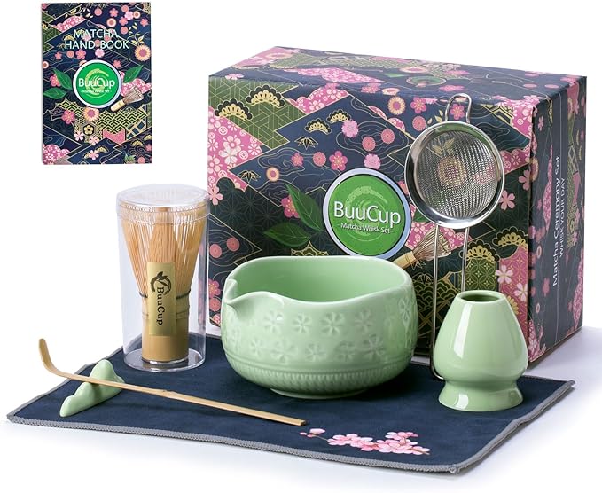 Matcha Whisk Set, Ceramic Matcha Bowl, Bamboo Whisk, Scoop, Sifter, Tea Towel - 7 Pcs Matcha Kit for Matcha Lovers (Green)