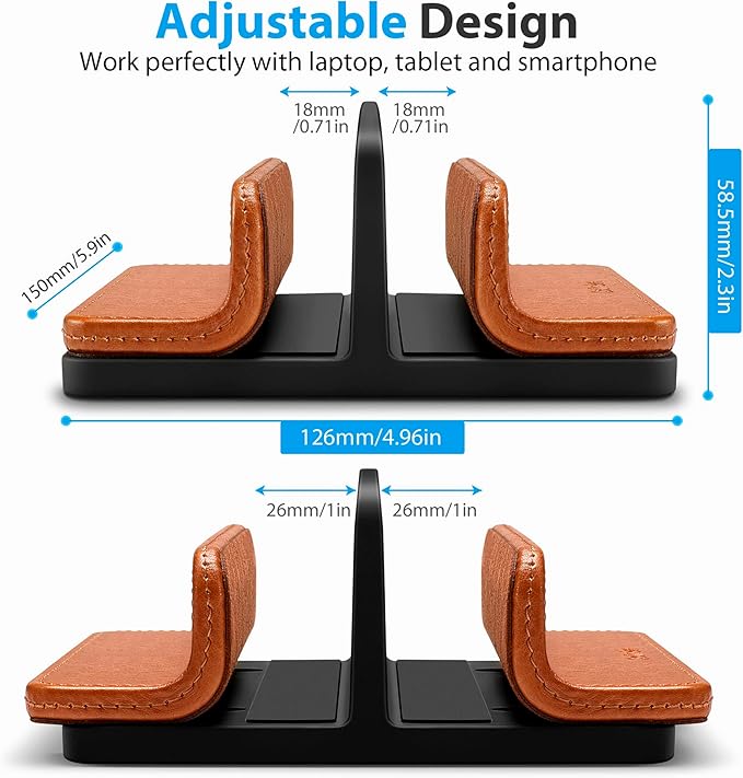 Leather Vertical Laptop Stand,Dual Laptop Holder Stand,Laptop Organizer with Adjustable Dock (18-26mm/0.7-1 in) for All MacBook/Tablet/Surface/Dell/iPad (Brown)