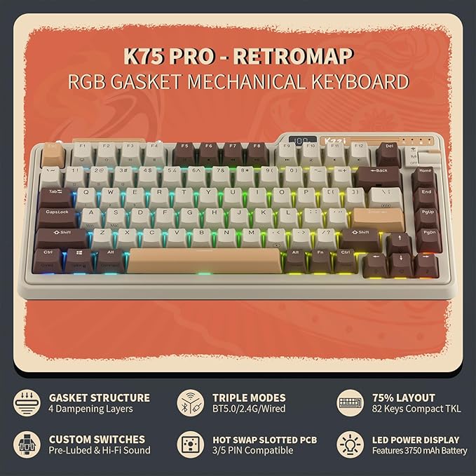 K75 PRO RGB 75% Wireless Gasket Mechanical Keyboard, Triple Mode BT 5.0/2.4G/USB-C 82 Keys Hot Swappable Gaming Keyboard w/Knob & Power Display, Custom Tactile Switches, Mousse Brown