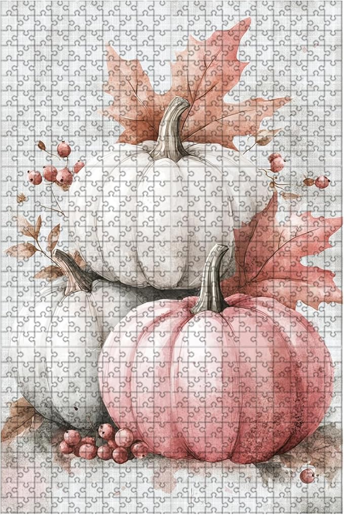 1000 Piece Wooden Puzzle Fall Pink White Pumpkin Adults & Kids Challenging Jigsaw for Stress Relief Family Bonding & Skill Building 29.5x19.7 Inch
