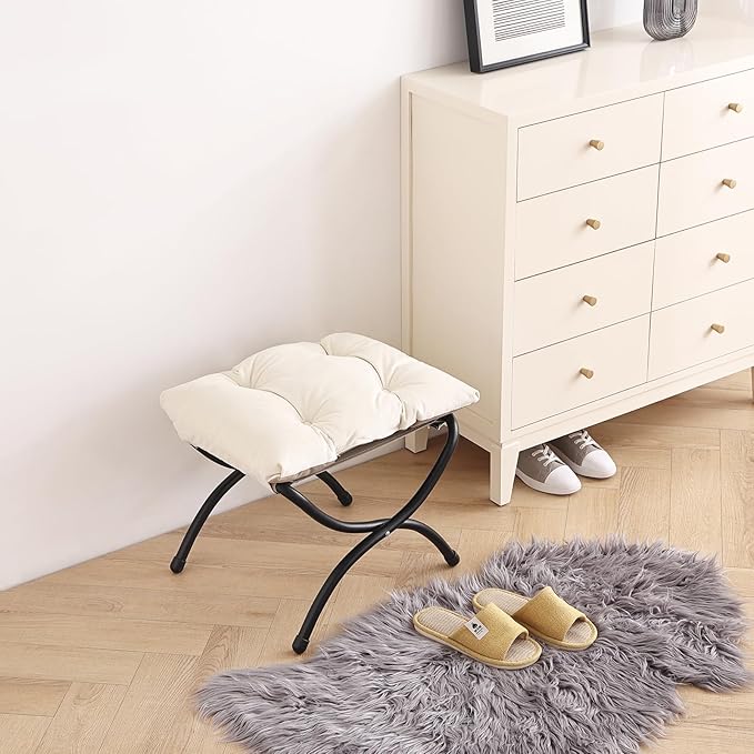 LITA 2 Pcs Folding Upholstered Footrest Stool, Modern Small Portable Accent Ottoman with Detachable Thick Cotton Cushion, Padded Sofa Stool with Metal Frame, Living Room & Bedroom,Velvet Beige