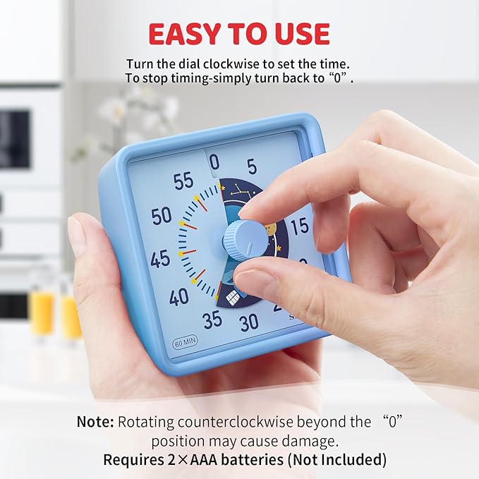Secura 60-Minute Visual Timer for Kids, Time Clocks, Countdown Timer for Office Kitchen, Classroom Timer for Kids, Silent Time Management Tool (Blue & Blue)